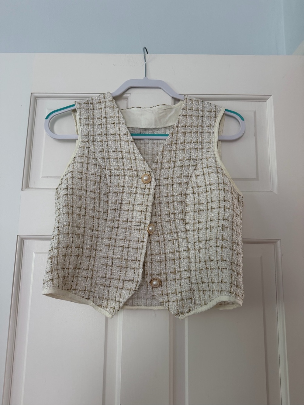 Girls Cream Tweed Vest Jacket with Pearl Buttons